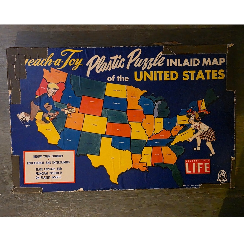 Vintage Hasbro Teach-a-Joy Plastic Puzzle Inlaid Map of United States No 1975